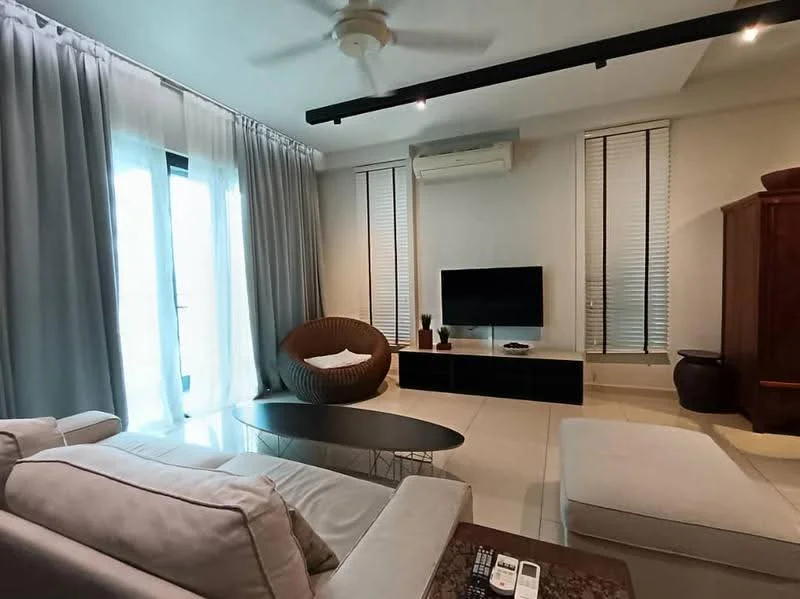 Living features: 3-seater fabric sofa in light grey, coffee table with black top and metal legs, TV console with storage, wall-mounted flat-screen TV, ceiling fan with light, recessed downlights, floor-to-ceiling windows with sheer curtains, wooden accent chair, decorative wall unit, tile flooring, air conditioning unit; style: modern.