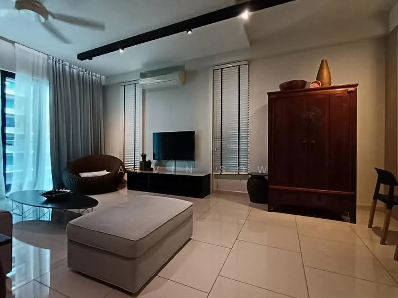 Living features: cream painted walls, white ceiling, recessed downlights, 5-blade ceiling fan, large floor-to-ceiling windows, sliding glass door, sheer curtains, light-coloured tile flooring, brown fabric sofa, black coffee table, TV console, wall-mounted TV, wooden cabinet, decorative vase, accent chair; style: modern; view: city.