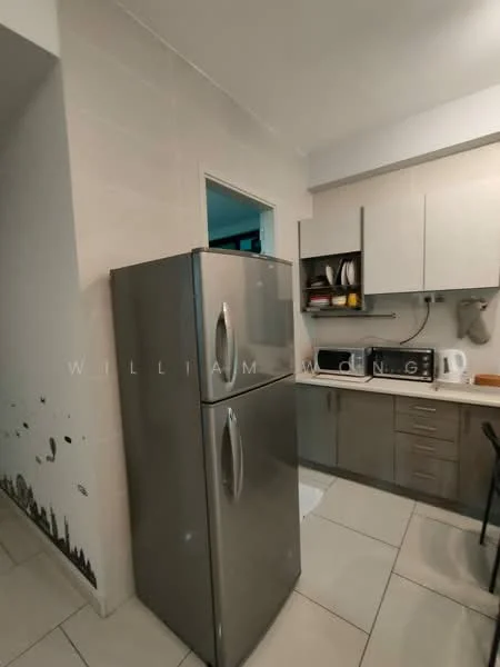 Kitchen features: stainless-steel fridge, built-in microwave, white upper cabinets, grey lower cabinets, ceramic tile flooring, white countertop, kettle, toaster, sink, wall-mounted shelves; style: modern.
