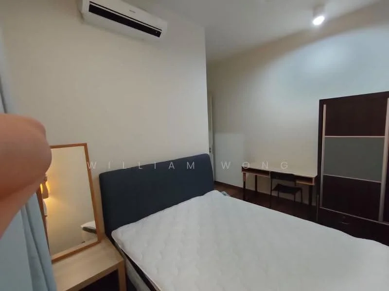 Bedroom features: queen-size bed, upholstered headboard, wooden flooring, wall-mounted split AC, desk with chair, mirror, table lamp, built-in wardrobe with sliding doors, white painted walls, recessed lighting; style: modern.