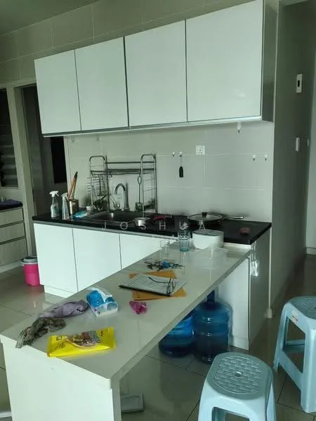 Kitchen features: white cabinetry, black countertop, stainless-steel sink, chrome pull-down faucet, built-in stove, tile backsplash, ceramic tile flooring, open shelving, kitchen island with seating, water dispenser, cleaning supplies on countertop, various kitchen items on countertop; style: modern.