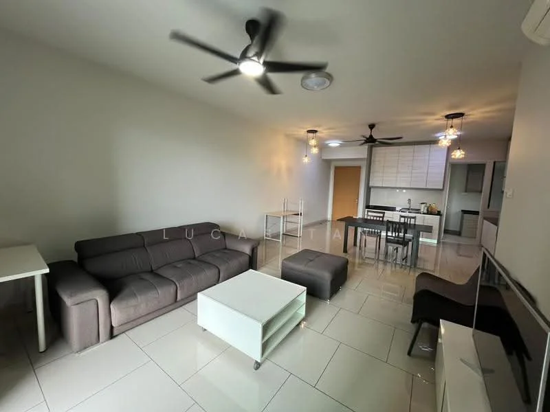 Living features: 3-seater fabric sofa in grey, ottoman, coffee table with glass top, TV console, wall-mounted TV, 2 ceiling fans, recessed downlights, dining table with 4 chairs, tile flooring, white painted walls, open layout to kitchen; style: modern.