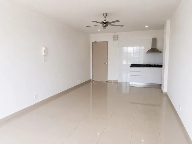 Living features: white painted walls, glossy ceramic tile flooring, 5-blade ceiling fan with light, kitchenette with white cabinetry, black countertop, stainless-steel range hood, built-in stove, single-bowl stainless-steel sink, window with natural light, neutral color scheme, open layout, no visible furniture; style: modern.