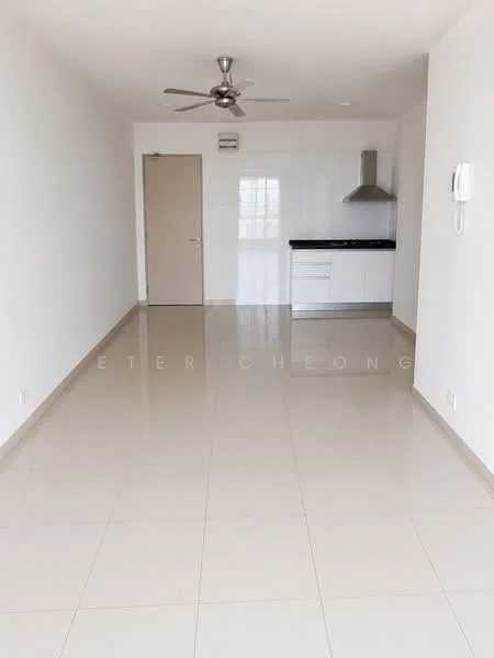 Living features: white painted walls, glossy ceramic tile flooring, 5-blade ceiling fan with light, door leading to another room, kitchenette with black countertop, white cabinetry, stainless-steel range hood, wall-mounted intercom; style: modern.
