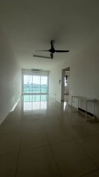 Living features: white painted walls, glossy beige tile flooring, 5-blade ceiling fan, floor-to-ceiling windows, sliding glass door, natural light, view of city skyline, minimalist decor, air conditioning unit, small white table; style: modern; view: city.