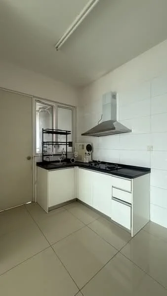 Kitchen features: white cabinetry, black countertop, stainless-steel range hood, built-in gas hob, ceramic tile flooring, white tiled walls, single-bowl stainless-steel sink, window for natural light; style: modern.