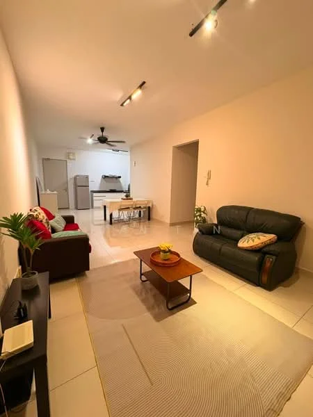 Living features: cream painted walls, white tiled flooring, 5-blade ceiling fan with light, 2-seater leather sofa in black, 3-seater fabric sofa in red, wood coffee table, area rug with geometric pattern, decorative plant in ceramic pot, wall-mounted TV, dining table with chairs visible in background, refrigerator visible in background; style: modern.