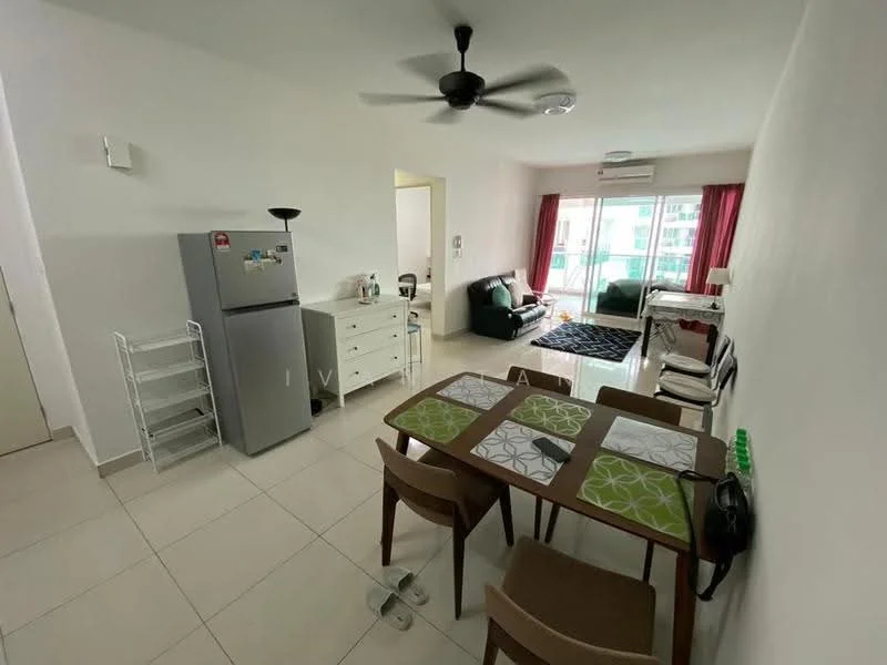 Living features: white painted walls, tile flooring, 5-blade ceiling fan, sofa in dark green, coffee table, area rug with geometric pattern, floor-to-ceiling windows, curtains, wall-mounted air conditioning unit, dining table with 4 chairs, refrigerator, sideboard, open shelving unit; style: modern; view: city.