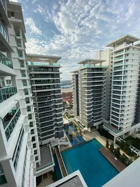 Exterior type: high-rise condominium; features: glass curtain wall, white painted facade, infinity pool, landscaped pool deck, surrounding greenery, multiple high-rise towers, balconies on upper floors, skyline view, manicured gardens; style: modern.