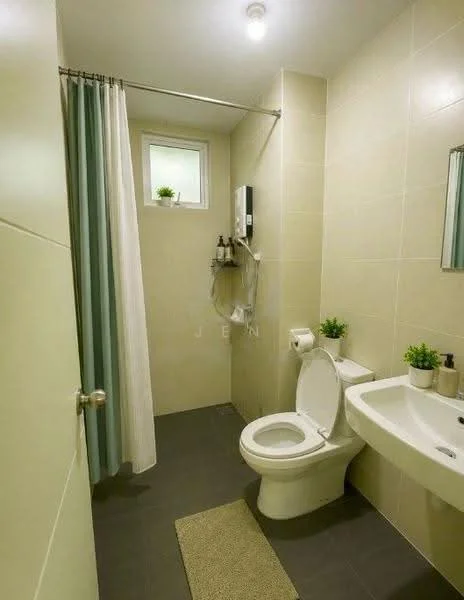 Bathroom features: white toilet, single-sink vanity with wall-mounted faucet, framed mirror, shower with curtain, tile flooring, light beige wall tiles, green plants on vanity, window for natural light, soap dispenser, towel rack; style: modern.