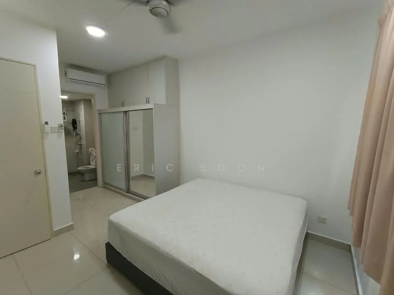 Bedroom features: white painted walls, tile flooring, 5-blade ceiling fan, built-in wardrobe with sliding doors, window with sheer curtains, queen-size bed frame, air conditioning unit, neutral-colored bedding; style: modern.