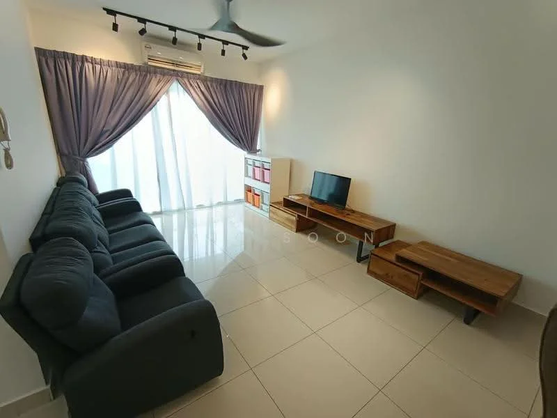 Living features: 5-seater fabric sofa in grey, wooden TV console, wooden side table, floor-to-ceiling windows, sheer curtains, recessed downlights, glossy ceramic tile flooring, wall-mounted TV, air conditioning unit; style: modern.