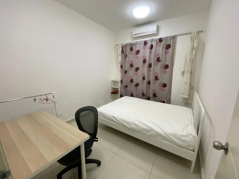 Bedroom features: white painted walls, tile flooring, single bed, white bed frame, desk with wooden surface, black office chair, curtains with polka dot pattern, wall-mounted air conditioning unit, built-in shelf; style: modern.