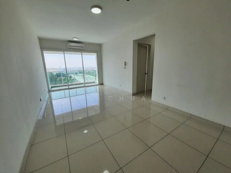 Living features: white painted walls, glossy ceramic tile flooring, floor-to-ceiling windows, sliding glass door, air conditioning unit, recessed downlights, neutral color scheme, open layout; style: modern; view: city.