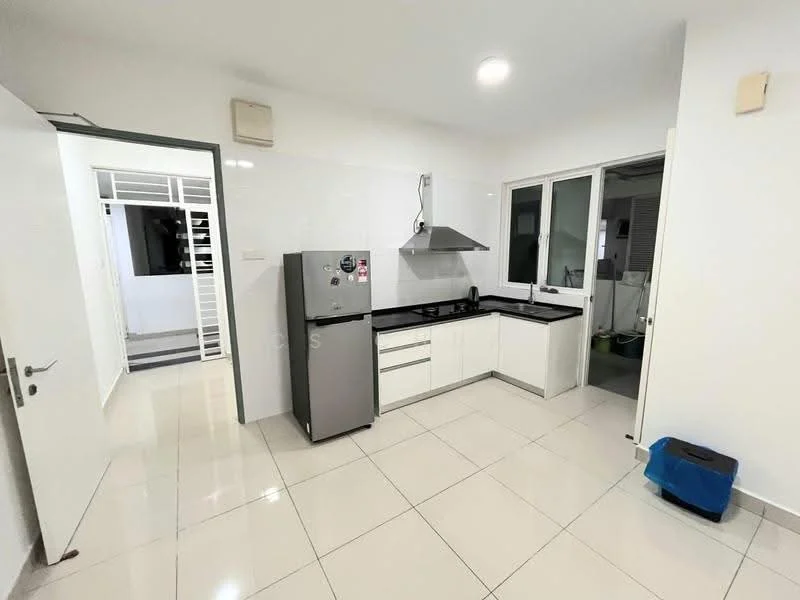 Kitchen features: white cabinetry, black granite countertop, stainless-steel fridge, built-in oven, stainless-steel range hood, single-bowl stainless-steel sink, chrome pull-down faucet, ceramic tile flooring, white tiled backsplash, recessed downlights, floor-to-ceiling windows, open layout to living area; style: modern.