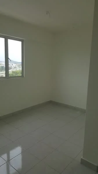 Room features: white painted walls, glossy ceramic tile flooring, single window, mountain view, no visible furniture, neutral color scheme, ceiling light fixture, corner location; style: minimalist; view: mountain.