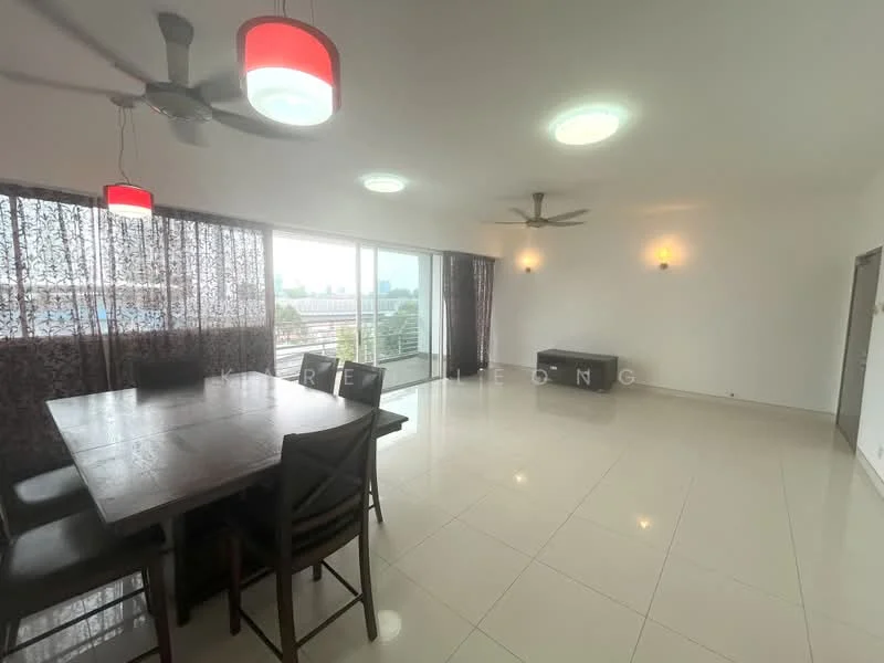 Dining features: dining table with 6 chairs, ceiling fan with light, recessed downlights, floor-to-ceiling windows, sliding glass door, dark wood dining table, black dining chairs, curtains with sheer and blackout layers, white walls, glossy tile flooring; style: modern; view: city. Living features: sofa, TV console, wall-mounted TV, area rug, white walls, glossy tile flooring; style: modern; view: city.