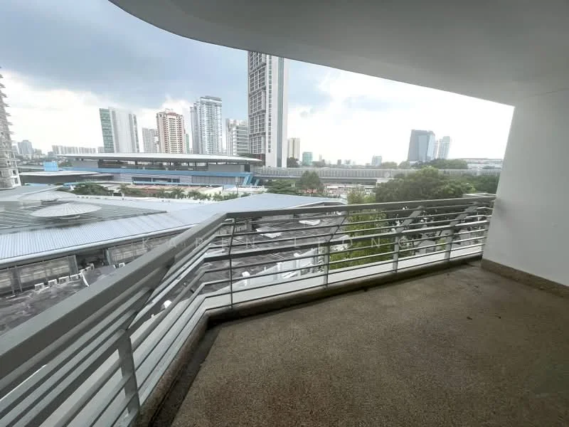 Room features: concrete flooring, metal railing, open balcony, city skyline view, surrounding buildings, partially covered area; style: modern; view: city.