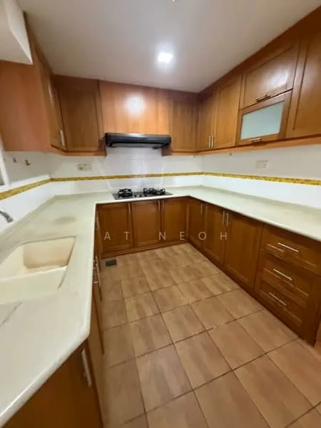 Kitchen features: L-shaped kitchen layout, light-colored granite countertop, wooden cabinetry in brown finish, built-in gas stove with two burners, exhaust hood above stove, double-bowl stainless-steel sink, tile backsplash, ceramic tile flooring in beige, recessed lighting, wall-mounted cabinets, drawer storage, counter space on both sides; style: modern.