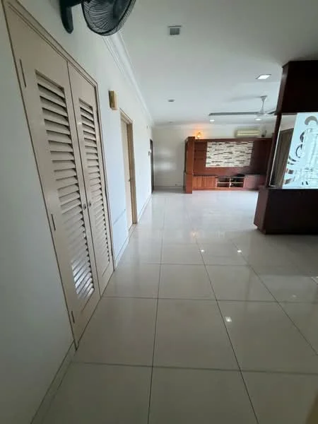 Room features: white painted walls, glossy ceramic tile flooring, recessed downlights, built-in cabinetry, sliding door closet, open layout, ceiling fan, neutral color scheme; style: modern.