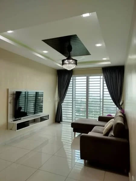 Living features: cream painted walls, glossy white tile flooring, tray ceiling with black accent, chandelier light fixture, floor-to-ceiling windows, grey curtains, wall-mounted TV, TV console with storage, brown leather sofa, decorative cushions, area rug; style: modern; view: city.