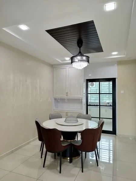 Dining features: round dining table, 8 upholstered dining chairs in brown, chandelier with crystal accents, white walls, glossy tile flooring, recessed LED downlights, black feature ceiling with wood paneling, large glass door with black frame; style: modern.