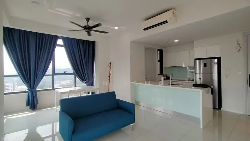 Living features: blue fabric sofa, floor-to-ceiling windows, white walls, white ceiling, 5-blade ceiling fan with light, recessed LED downlights, marble tile flooring, curtains in dark blue, dining table for two, kitchen island with light blue countertop, stainless-steel fridge, built-in kitchen cabinetry; style: modern; view: city.