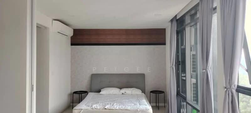 Bedroom features: king-size bed with grey upholstered headboard, white bedding, two black side tables, floor-to-ceiling windows, grey curtains, air conditioning unit, wood accent wall, neutral painted walls, tile flooring; style: modern; view: city.