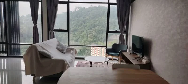 Living features: floor-to-ceiling windows, grey fabric sofa, round coffee table, wooden TV console, wall-mounted TV, area rug, dining table, chairs, decorative throw, curtains, mountain view; style: modern; view: mountain.