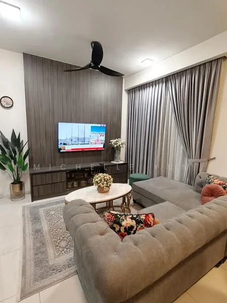 Living features: L-shape sectional sofa in grey, coffee table, TV console, wall-mounted TV, area rug with geometric pattern, 5-blade ceiling fan with light, floor-to-ceiling curtains, decorative plant in ceramic pot, wall clock, wood feature wall, recessed lighting; style: modern.