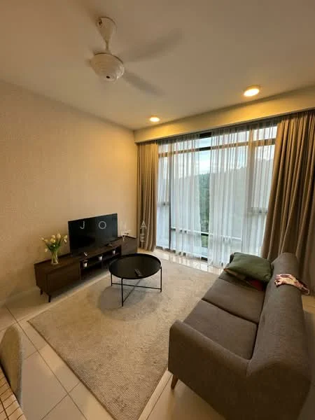 Living features: 5-blade ceiling fan with light, wall-mounted TV, TV console, 3-seater fabric sofa in grey, coffee table, area rug, floor-to-ceiling windows, sheer curtains, curtains in grey, decorative plant in vase, light-colored walls, recessed downlights; style: modern; view: garden.