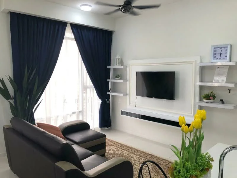 Living features: 3-seater leather sofa in dark brown, wall-mounted TV, white feature wall, floating shelves, black ceiling fan with light, large window with sheer curtains, dark blue curtains, decorative houseplants, coffee table, yellow tulips in vase, area rug, recessed lighting; style: modern; view: city.