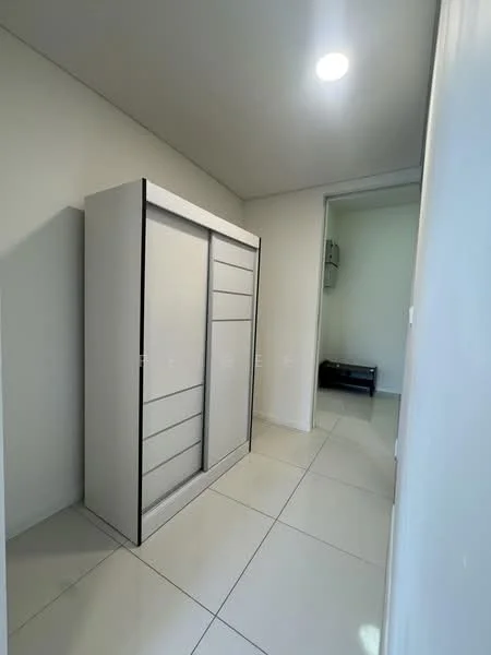 Room features: white walls, glossy tile flooring, built-in wardrobe with sliding doors, recessed downlights; style: modern.