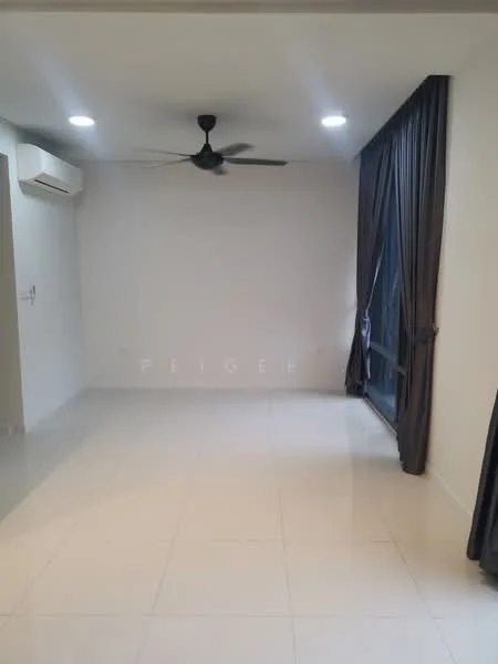 Living features: white painted walls, glossy white tile flooring, 5-blade ceiling fan, recessed LED downlights, floor-to-ceiling windows, blackout curtains, wall-mounted split AC; style: modern.