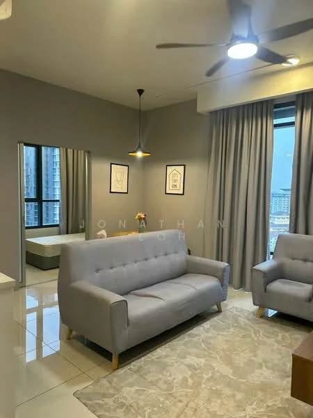 Living features: 3-seater fabric sofa in light grey, area rug with geometric pattern, pendant lamp, 5-blade ceiling fan with light, floor-to-ceiling windows, curtains in light grey, framed artwork on walls, mirror on wall, tile flooring in white, decorative plant on side table; style: modern; view: city.