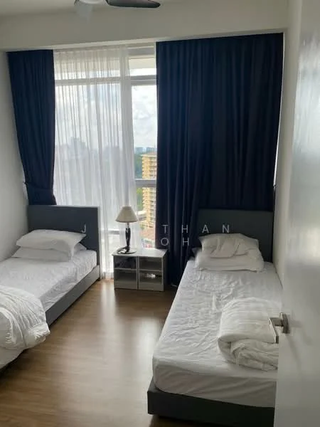 Bedroom features: two single beds with grey upholstered headboards, white bedding, nightstand with lamp, floor-to-ceiling windows, sheer curtains, dark blue blackout curtains, wooden flooring, city view; style: modern; view: city.