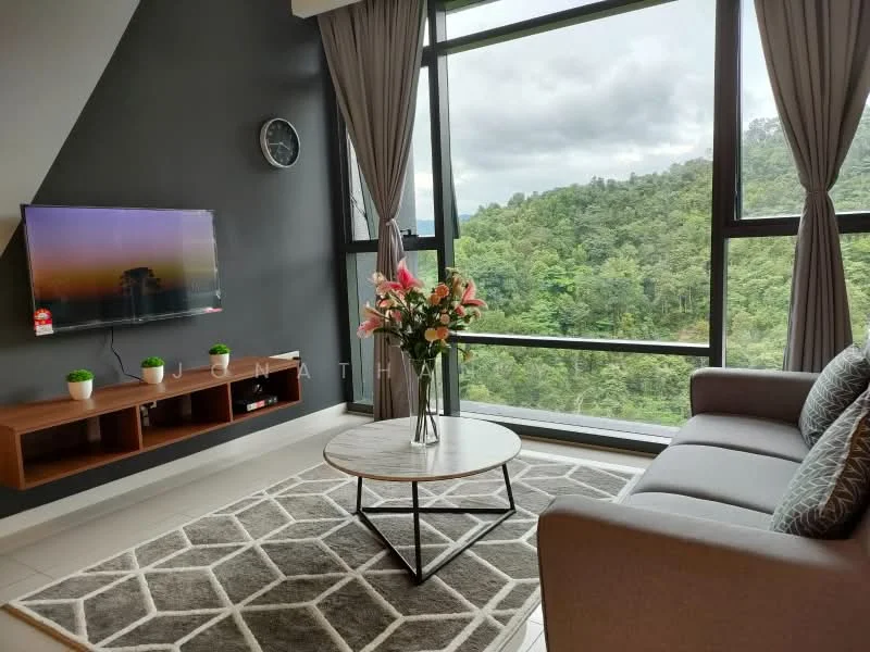 Living features: floor-to-ceiling windows, grey accent wall, light grey fabric sofa, round coffee table with black metal base, area rug with geometric pattern, wooden TV console, wall-mounted TV, decorative flowers in vase, wall clock, curtains, natural landscape view; style: modern; view: mountain.