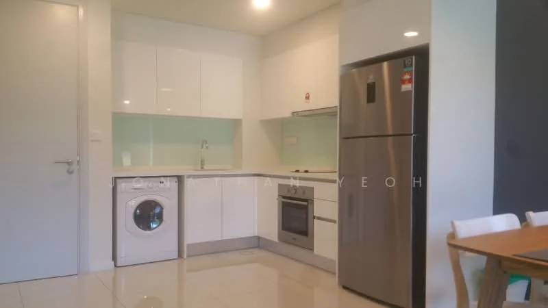 Kitchen features: white cabinetry, stainless-steel fridge, built-in oven, 4-burner gas hob, stainless-steel range hood, single-bowl stainless-steel sink, chrome pull-down faucet, white tiled backsplash, washing machine, white countertop, ceramic tile flooring, recessed downlights; style: modern.