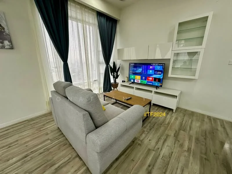 Living features: grey fabric 3-seater sofa, wooden coffee table, wall-mounted TV, white TV console, floor-to-ceiling windows, sheer curtains, dark blue drapes, laminate flooring, decorative plant in pot, built-in shelving unit; style: modern; view: city.