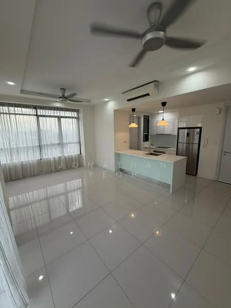 Living features: white painted walls, glossy ceramic tile flooring, recessed downlights, 2 ceiling fans, floor-to-ceiling windows with sheer curtains, island kitchen with breakfast bar, pendant lighting above island, stainless-steel fridge, built-in cabinetry, open layout to kitchen, neutral color palette; style: modern.