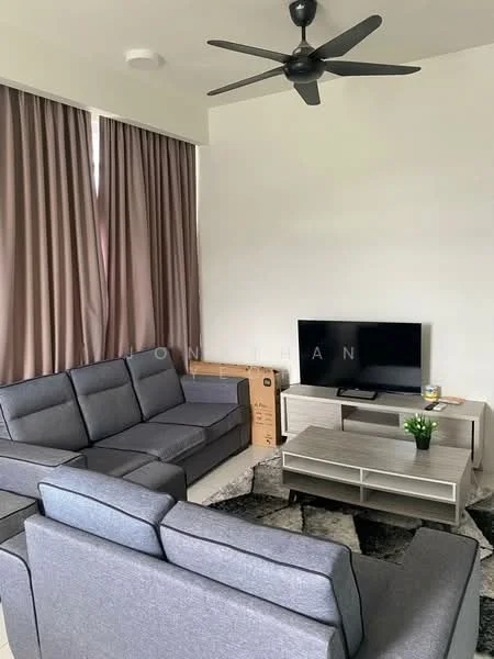 Living features: 3-seater fabric sofa in grey, 2-seater fabric sofa in grey, coffee table, wall-mounted TV, TV console, area rug with geometric pattern, 5-blade ceiling fan, floor-to-ceiling windows with sheer curtains, light-coloured walls, decorative plant in pot; style: modern.