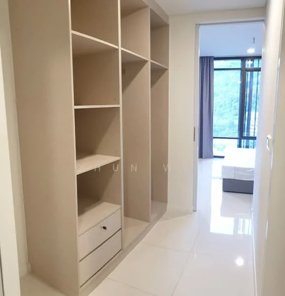 Room features: built-in shelving unit, white cabinetry, glossy tile flooring, large window with natural light, neutral wall color, minimalist design, open layout, drawer storage; style: modern; view: garden.