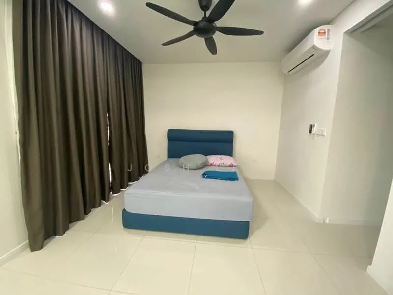 Bedroom features: queen-size bed with blue base, white bedding, two pillows, brown curtains, white painted walls, glossy tile flooring, 5-blade ceiling fan, wall-mounted air conditioning unit, two electrical outlets; style: modern.
