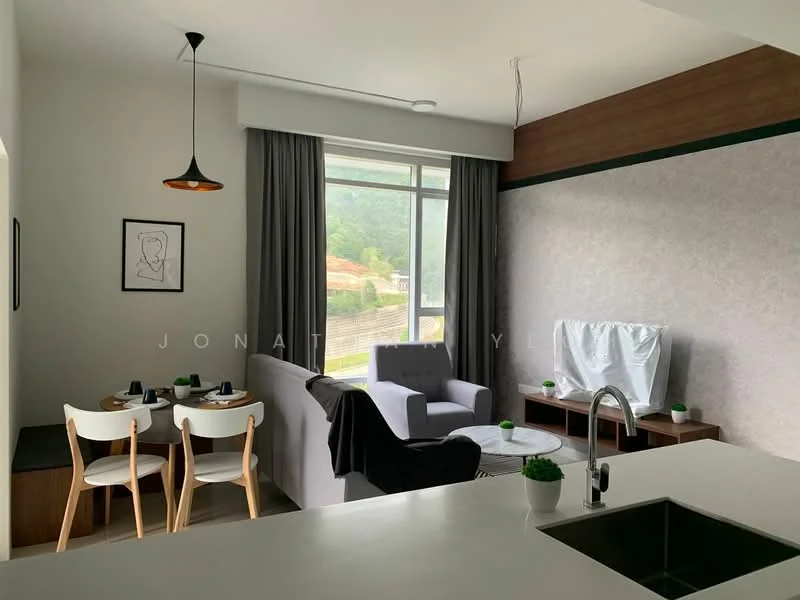 Living features: grey fabric sofa, white dining table for four, white dining chairs, floor-to-ceiling windows, curtains in dark grey, wood panel accent wall, decorative wall art, small potted plants, recessed ceiling lights, pendant light fixture; style: modern; view: mountain.