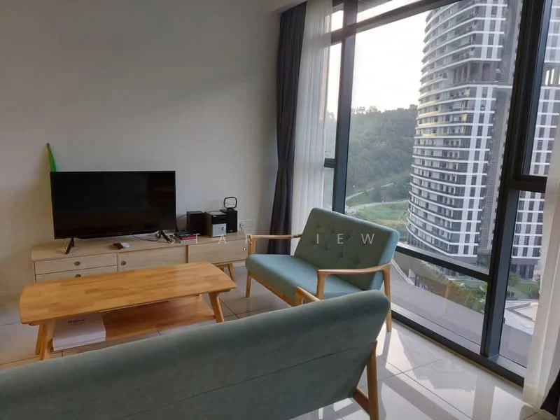 Living features: floor-to-ceiling windows, grey fabric sofa, wooden coffee table, TV console, wall-mounted TV, light wood cabinetry, green accent chair, neutral painted walls, white tile flooring, curtains, decorative items on console; style: modern; view: city.