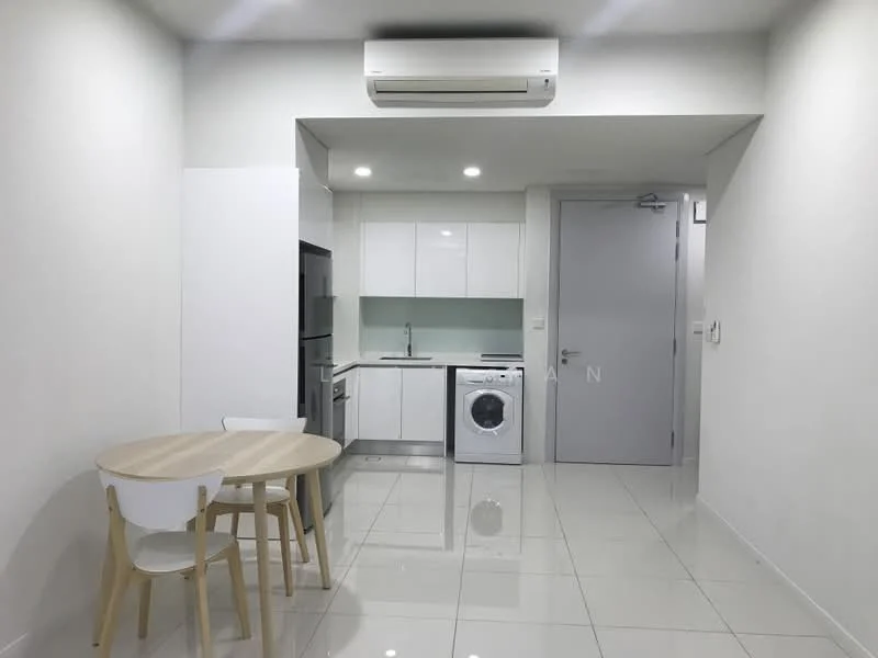 Kitchen features: white cabinetry, stainless-steel fridge, built-in oven, freestanding washing machine, single-bowl stainless-steel sink, chrome pull-down faucet, white quartz countertop, ceramic tile flooring, recessed LED downlights, wall-mounted split AC, round dining table, 3 white dining chairs; style: modern.