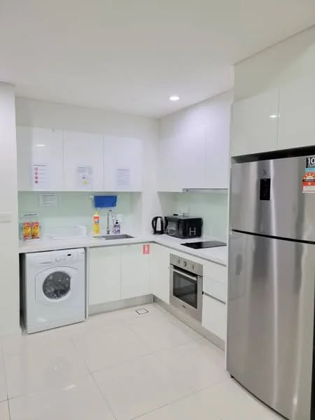 Kitchen features: white cabinetry, stainless-steel refrigerator, built-in oven, 4-burner gas hob, stainless-steel range hood, single-bowl stainless-steel sink, chrome pull-down faucet, white tiled backsplash, washing machine, microwave, countertop with smooth surface, under-cabinet lighting, ceramic tile flooring, recessed downlights; style: modern.