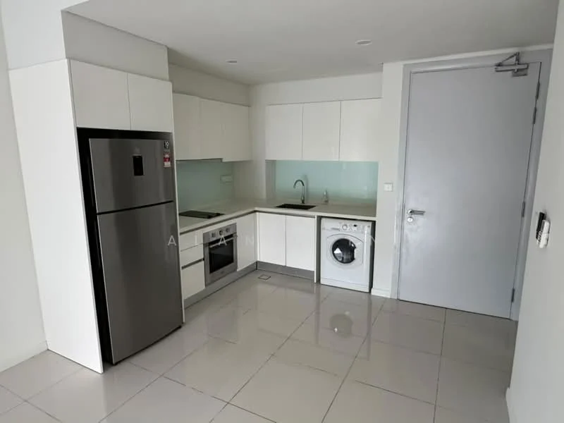 Kitchen features: white cabinetry, stainless-steel fridge, built-in oven, stainless-steel sink, chrome pull-down faucet, washing machine, white backsplash, ceramic tile flooring, recessed downlights, open shelving; style: modern.