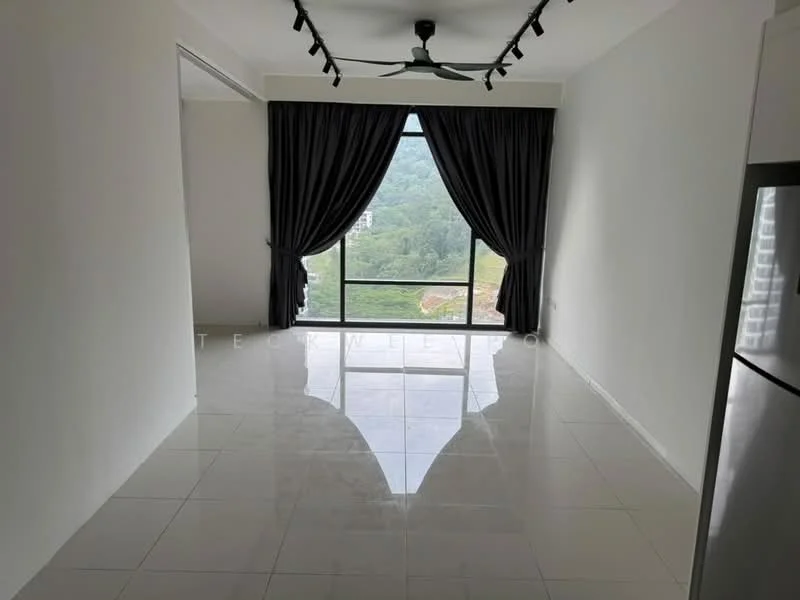 Living features: white painted walls, glossy ceramic tile flooring, floor-to-ceiling windows, blackout curtains, 5-blade ceiling fan with light, mountain view, recessed downlights; style: modern; view: mountain.