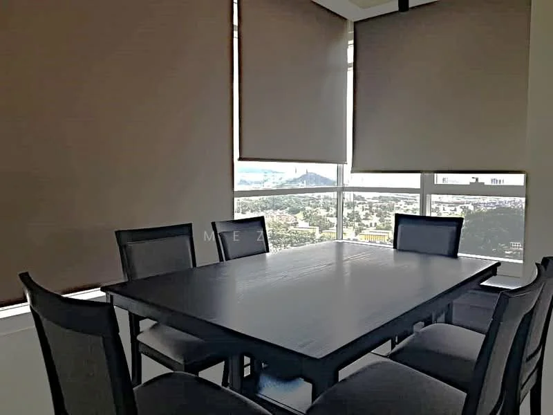 Dining features: 6-seater dining table, black wooden table, upholstered dining chairs, large windows, roller blinds, city view, neutral wall color, laminate flooring; style: modern; view: city.